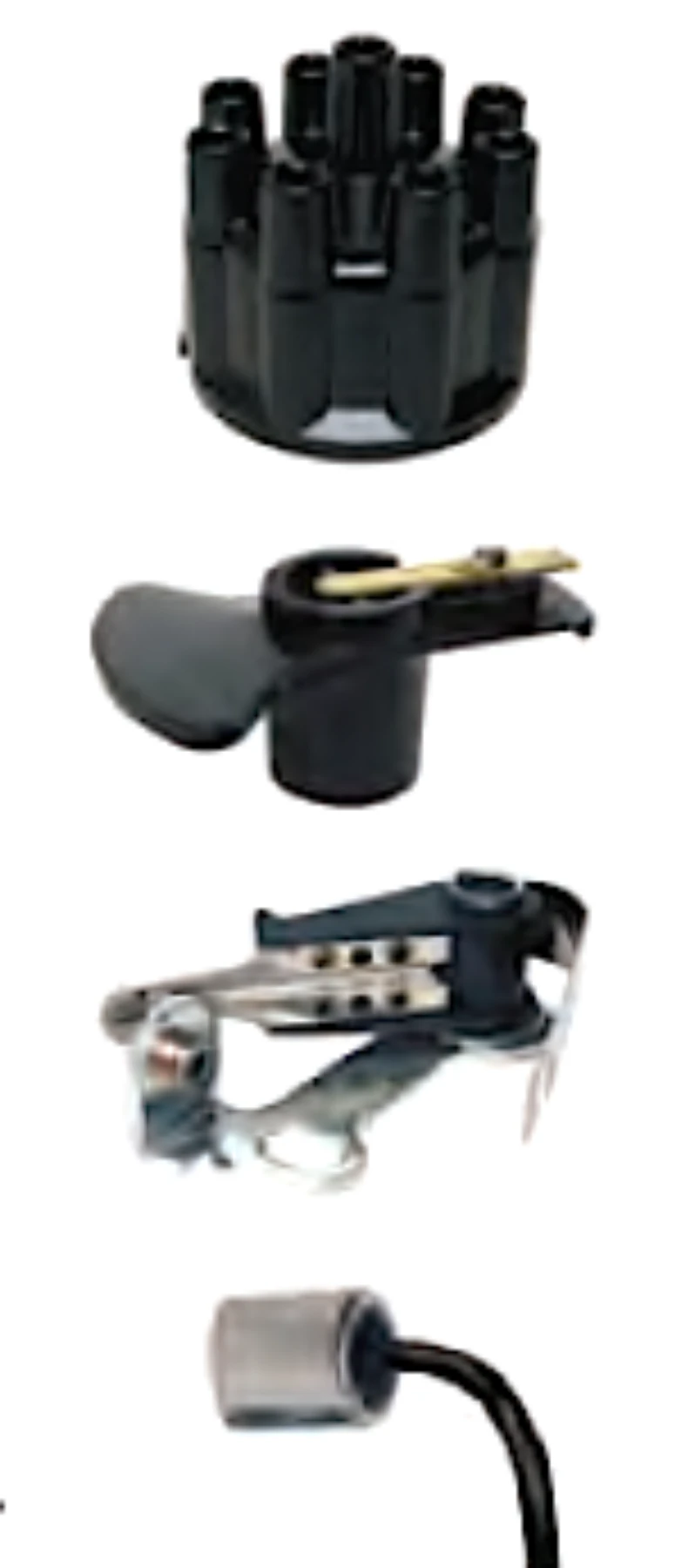 Fördelarlock, rotor, brytarspetsar och kondensator.