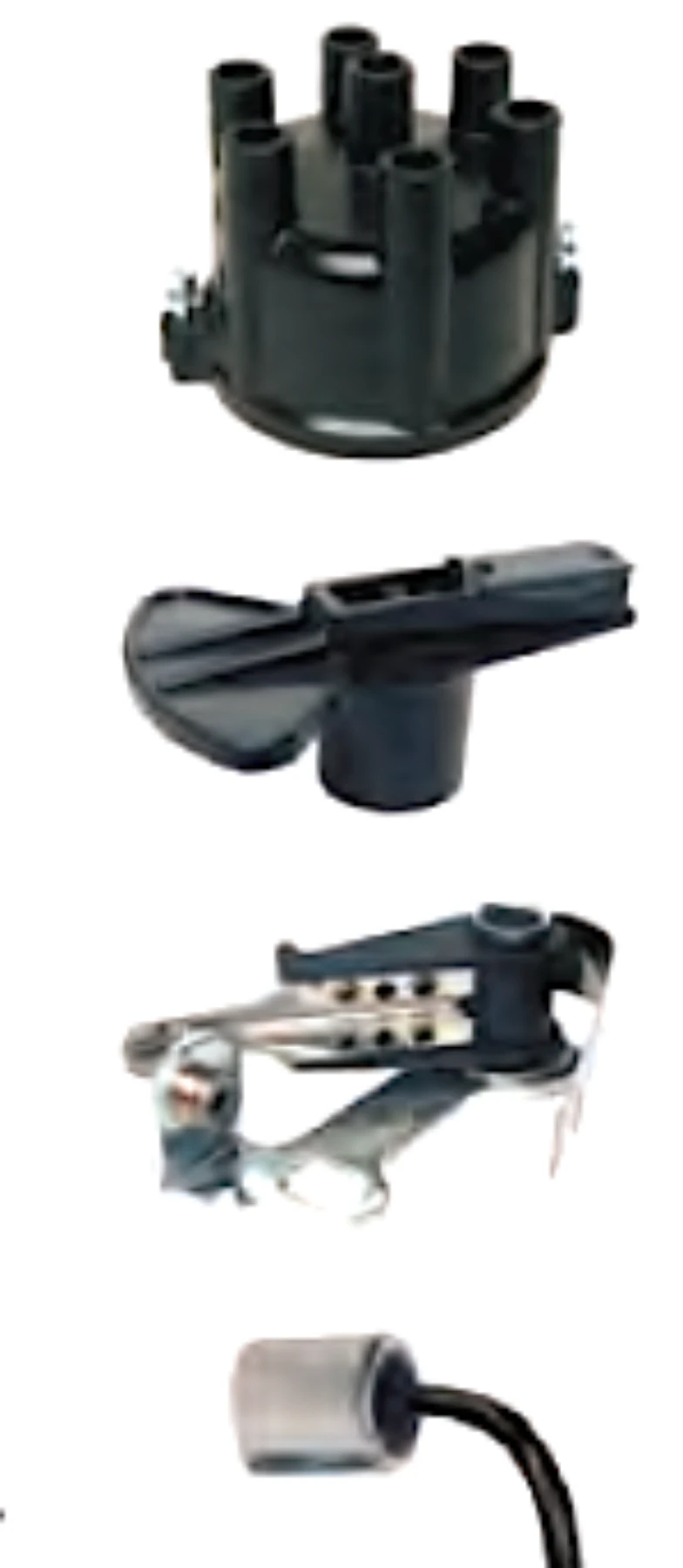 Fördelarlock, rotor, brytarspetsar och kondensator.