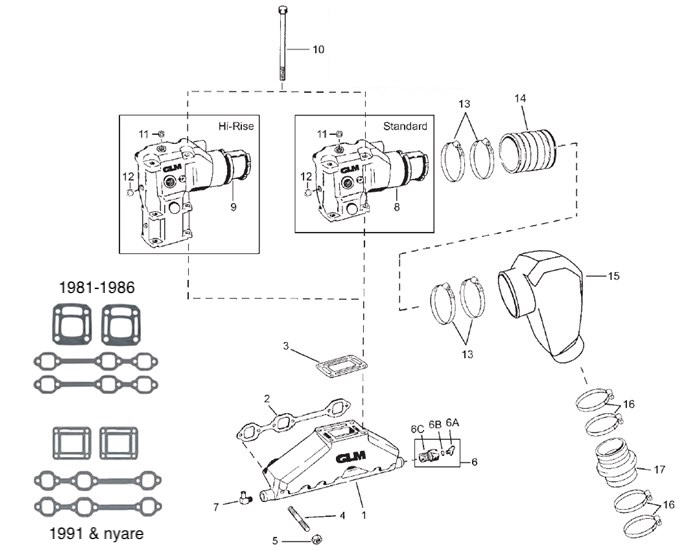 Avgassystem OMC V6 4.3L 1986-1990